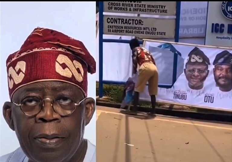 Angry Woman Tears Tinubu’s Face Off Banners in Cross River to Express Frustration With APC Govt