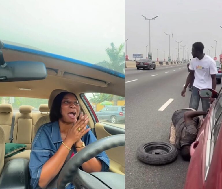 Dispatch Rider Turns Hero on Third Mainland Bridge, Chases Away Knife-Wielding Touts Trying to Extort Lady After Tyre Burst